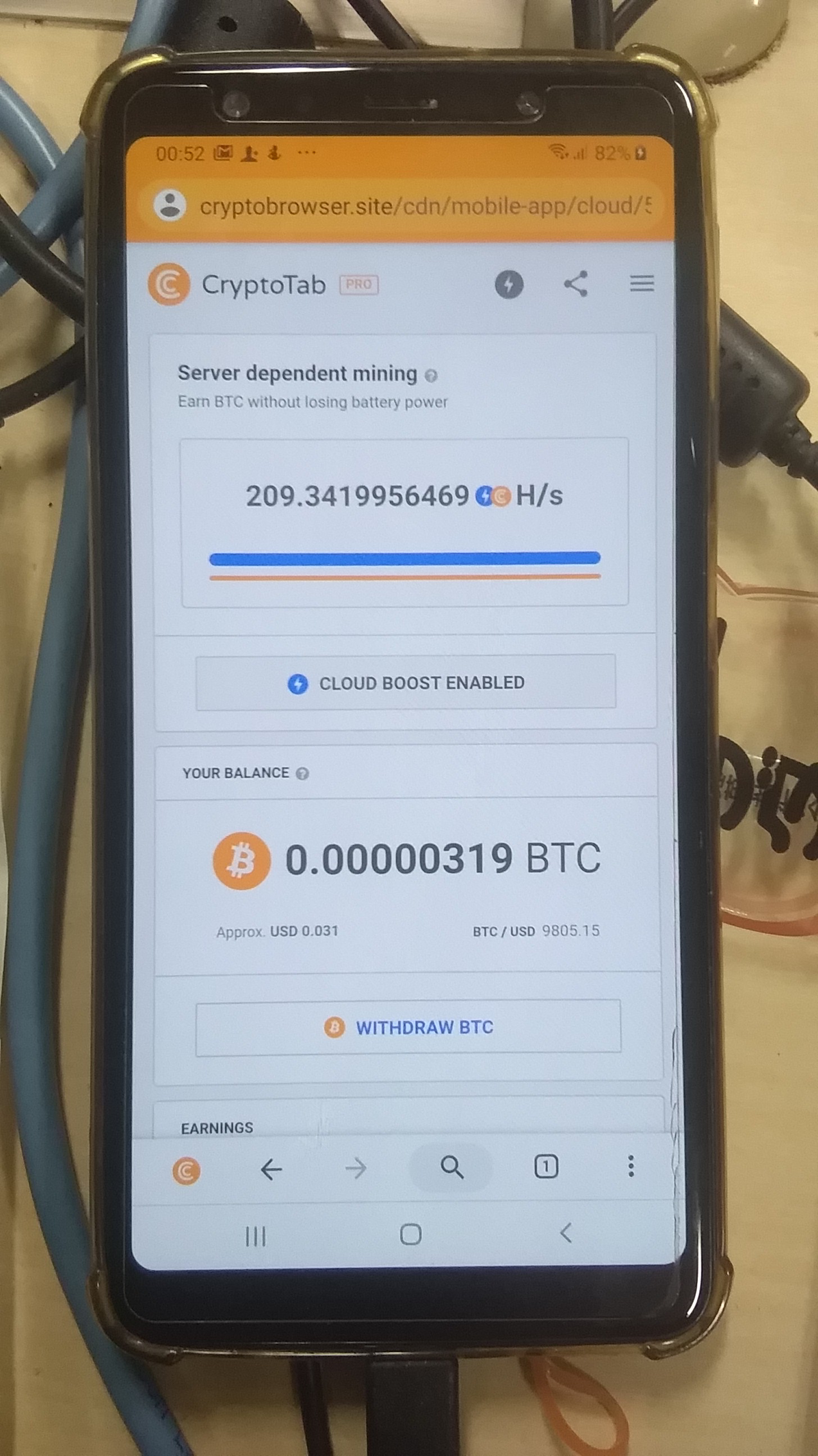 New Cryptotab Browser on Samsung A7 Server Dependent Mining.